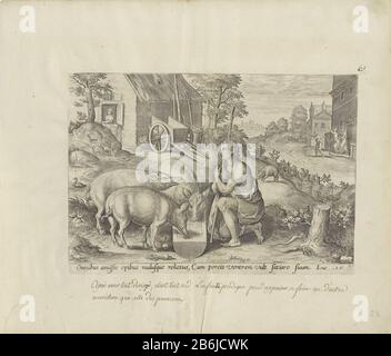 Der verdirbt Sohn als swineherde Gleichnis vom prodigalen Sohn (Serientitel) Thesaurus sacrarum historiarum veteris testamentiti () (Serientitel) Der verdirale Sohn hat sein Erbe vertan und arbeitet als Bauernschwund. Er kniet die Schweine an und aß mit ihnen aus der Krippe. Der rechte Hintergrund jagte den verehrenden Sohn im Bordell, weil sein Geld sei. Unter der Aufführung ein Verweis auf die Bibel in Luc. 15. Hersteller : Druckhersteller: Hans Collaert (I) zu einem Entwurf von: Crispijn van den Broeck Verlag: Gerard de JodePlaats Herstellung: Antwerpen Datum: 1585 Physische Charakteri Stockfoto