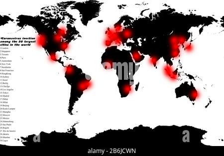 Weltangriff Coronavirus. Globale Coronavirus Infektion unter den größten Städten der Welt. Karte, die die Ausbreitung des Ausbruchs in der Welt verfolgt Stockfoto