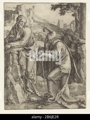 Die Versuchung Christi und des Teufels als alter Mann mit Gehstock und Stein in der Hand. Hersteller : Druckerhersteller Lucas van Leyden nach eigenem Entwurf: Lucas van Leyden Ort Herstellung: Niederlande Datum: 1518 Abmessungen: Fahrzeugmaterial: Papiertechnik: Engra (Druckverfahren) Abmessungen: Blatt: H 173 mm × W 133 mm Betreff: Christus, manchmal Begleitet von Schutzengel (en), verlockt von Satan, der Normalerweise in menschlicher Gestalt Erscheint Stockfoto