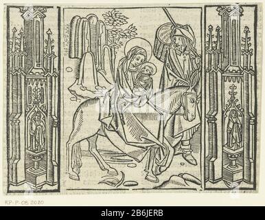 Der Flug nach Ägypten Druckte drei Blöcke. Jungfrau und Kind auf Esel. Joseph, der daneben spazieren ging. Links und rechts der Darstellung Architekturornamentatie Hersteller unbekannt Meister von Delft (zugeschrieben) unbekannt: Meister Delbecq-Schreiber-Passion (zugeschrieben) unbekannt: Meister der Jungfrau inter Jungfrauen (zugeschrieben) Ort Herstellung: Niederlande Datum: 1480 - 1500 und/oder 1503 Physische Merkmale: Holzschnittmaterial: Papiertechnik: Holzschnittmaße: Blatt: H 107 mm × W 145 mmToelichtingEén Blatt 113 von Ludolph the Saxonia, das es dleué US loly Gentlemen ihesu christi. Anonym Stockfoto