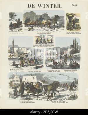Winter (Titelobjekt) Meijers Drucke (Serientitel) Journal 7, Winterszenen. Unter jedem Bild ein Vers. Oben rechts nummeriert: Nr. 46. Hersteller : Herausgeber: De Ruyter & Meijer Druckautor: Anonymer Ort Herstellung: Amsterdam Datum: 1874 Physikalische Eigenschaften: Farblithograph in Gelb, Grün, Orange, Blau und Rot; Textdruckmaterial: Papiertechnik: Farblithograph (Prozess) / Druckformate: Blatt: H 425 mm × W 341 mm Betreff: Schlitten, Schlitten (Wintersport) Wintersportler (Wintersport) Stockfoto
