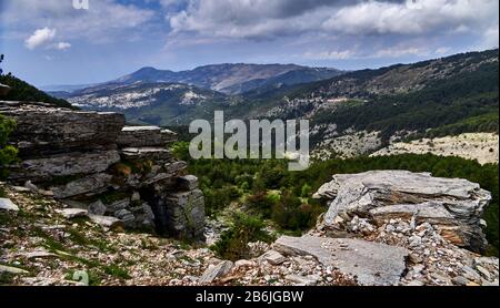 Thassos Island, Griechenland, Europa, auf 1204 Metern wird der Gipfel des Mount Ypsarion von Winden geschlagen und die Bäume sind betäubt, Thassos ist eine griechische Insel in der nördlichen ägaischen See, nahe der Küste von Thrakien. Es ist die nordgriechische Insel und die 12. Größte nach Fläche. Thassos ist auch der Name der größten Stadt der Insel, bekannt als Limenas, Hauptstadt der Stadt Thassos, die sich auf der nördlichen Seite gegenüber dem Festland befindet. Stockfoto