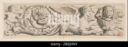 Ein Teil des Frieses auf dem Schornstein Vroedschapskamer des Rathauses auf dem Staudamm Teil eines Frieses auf einem der beiden Kamine im Vroedschapskamer Rathaus auf dem Damplatz in Amsterdam. Auf dem Fries, Wo: Diese Präsentation ist Teil, sind allegorische Darstellungen bezüglich Beratung (gut Voorraedt), oder Witz, Einsicht und/oder Weisheit. Die anderen Teile des Frieses finden Sie unter RP-P-AO-22-2Q-2 und RP-P-AO-22-2Q-3. Die Aufführung wird im Register (RP-P-AO-22-2-2) erklärt. Unten rechts nummeriert: 1. In der Mitte beschriftet: Q. Hersteller: Druckmaschine: Hubert Quellinusnaar eigenes Design: Hubert Quellinusnaa Stockfoto