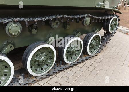 Details Zum militärischen Panzer im Nahaufnahme Stockfoto