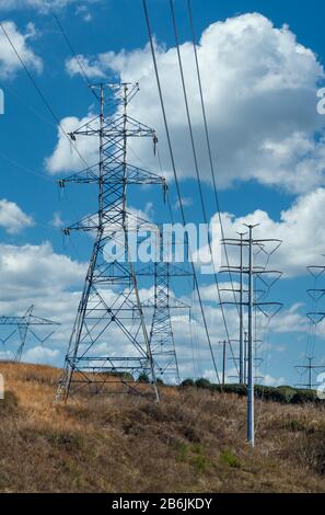 Elektrische Leitungen Unter Blue Skies Stockfoto