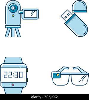 RGB-Farbsymbole für Mobilgeräte festgelegt. Elektronische Geräte in der Tasche. Intelligente Technologie. Flash-Laufwerk, Videokamera. Smartwatch, Smartgläser. Kompakt digital Stock Vektor