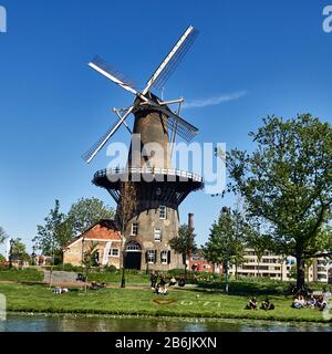 Die Stadt Leiden, Provinzland Südholland, Niederlande, Europa, das Museum de Valk Mühle am Plattegrond, die Stadt Leiden ist bekannt für ihre säkulare Architektur, seine Kanäle, seine Universitof 1590, die nativitof Rembrand, die Stadt, in der die erste Tulpe Europas im 16. Jahrhundert geblüht wurde Stockfoto