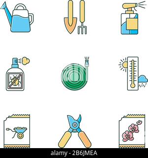 RGB-Farbsymbole für Gartengeräte und Materialien für den Innenbereich. Garteninventar. Hausanlagen-Pflegeausrüstung. Gärtner-Kit. Nach domestizierten Stock Vektor