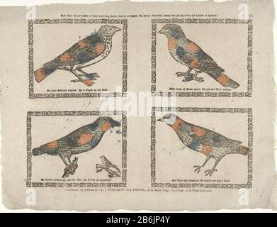 Diese vier Vögel sind ihr lebenslanges Fluyten hören und singen Blyven Und so dumm wie nicht von einem Saft zu wissen nach Saft ein weiteres Spring (Titelobjekt) Blatt mit Darstellungen von 4 Vögeln. Jeder Vogel in einem Zierrahmen. Unter jedem Bild für eine Bildunterschrift. Oben rechts nummeriert: 75. Hersteller : Herausgeber: Die Inherit die Witwe Ratelband J. und J. Bouwer (denkmalgeschütztes Gebäude) Druckerhersteller: Anonymer Ort Herstellung: Verlag: Amsterdam Druckautor: Niederlande Datum: 1551-1558 und/oder Ca. 1780-ca. Physische Merkmale von 179T: In Blau und Orange gefärbter Holzschnitt; Textdruckmaterial: Papiertechnik: Stockfoto