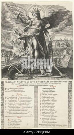 Dialog zwischen Mensch und Religion Winged leuchtender Personifikation Der Religion Der Tod trampelt in Form eines Skeletts mit Skythe und mit einem Bein im Grab. Die Religion lehnt sich an ein Holzkreuz an und hält in der Hand ein offenes Buch, das als das "Evangelium des Friedens" bezeichnet wird, in der anderen Seite Kerb oder Tleugel.Tegen eine Landschaft, die vom Krieg verwüstet wird. In der Bildunterschrift Beratung in Form von Fragen und Antworten zwischen Mensch und Religion in lateinischer und hongaarischer Sprache. Hersteller: Druckmaschine: Dominikus Custos (zugeschrieben) zum Druck von Who: Rix (zugeschrieben) zum Design: Maerten de Vokuitgever: Christoph Mang Stockfoto