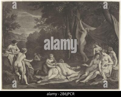 Diana i Callisto Diana hat gerade entdeckt, dass Callisto, eine ihrer Nymphen, von Jupiter schwanger ist. Zwei Nymphen ziehen Kleidung Callisto während Diana toekijkt. Hersteller : Druckerhersteller Jan Verkolje (I) zum Gemälde von Caspar Netscher Herstellung: Delft dating: 1660 - 1693 Physische Merkmale: Mezzotintmaterial: Papiertechnik: Mezzotintmaße: Plattenkante: H 269 mm × W 359 mm Betreff: Jupiter, im Gewand von Diana und Callisto Stockfoto