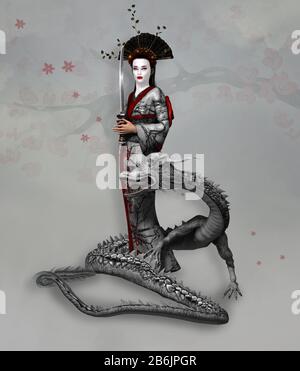 Warrior Women Serie: Lady Samurai in Kimono hält ein Schwert mit einem Drachen zu ihren Füßen Stockfoto