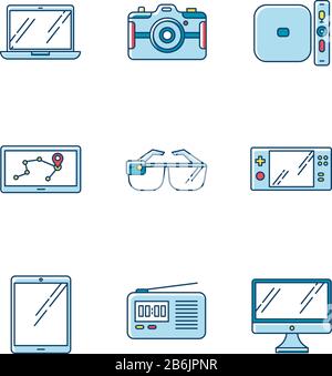 RGB-Farbsymbole für Mobilgeräte festgelegt. Elektronische Geräte in der Tasche. Intelligente Technologie. Tablet, Laptop, Computer. Navigator, Smartgläser, Funkgerät. Kompakt Stock Vektor