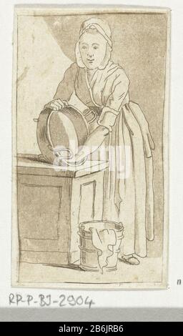 Magd eine Magd steht am Waschbecken und reibt die Pfanne. Neben dem Waschbecken ist ein Eimer mit einem doek. Hersteller : Druckmaschine: Anthonie van den Bosnaar Zeichnung von: Unbekannter Ort Herstellung: Niederlande Datum: 790-18311 Physische Merkmale: Druckzeichnung, Radierung und Aquatönung in braunem Material gedruckt: Papiertechnik: Radierung / Aqua Hue / Druckzeichnung / Farbdruck Abmessungen: Blatt: 75 mm × h 42 b mm Betreff: Küchenmädchen, Küchendiener Stockfoto