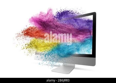 Mehrfarbiges Staubspritzen vom Computermonitor auf einem weißen Bildschirm. Stockfoto