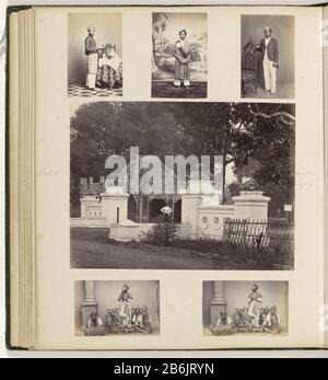 Zoo, Porträts und Wayang Topeng Album Leaf mit sechs Bildern. Zentral ein Blick auf den Eingang zum Werk und Zoo (gegründet 1864) in Batavia. Die drei besten Studioporträts indischer Männer, unten zwei Fotografien einer Tänzerin mit Musikern von Wayang Topeng. Teil des zweiten grünen Fotoalbums mit Bildern von Java, vom Holding-Apotheker Specht-Grab, das 1865 von Batavia in die Niederlande terugkeerde ging. Hersteller : Fotograf: Woodbury & Page Ort Herstellung: Batavia dating: 1864 - 66 Physische Merkmale: Albumin druckt auf Fotopapier auf Pappe im Albummaterial: Papierkarton Stockfoto