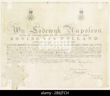 Diplom P Reuther seine Ernennung zum Ritter des Verbandsenordens im Jahre 1809 offizielle Urkunde im Namen von Peter Reuther seine Ernennung zum Ritter des Königlichen Verbandsenordens vom 31. Juli 1809. Mit dem Siegel des Vom König, Kanzler und Sekretär unterzeichneten Auftrags. Gedrucktes Diplom, Wo: Mit dem Namen und den Daten des Stiftes ausgefüllt werden. Obere Bilder der Vorder- und Rückseite der Grootkruis. Hersteller: Druckmaschine: Anonymer Ort Herstellung: Niederlande Datum: 1.70-1809 Physische Merkmale: Ätzung und Engras auf Vellum Manuskript mit Stift in braunem Material: Pergamenttechnik: Ätzung/Engras (pr Stockfoto