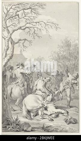 Tödlicher Sturz von Wilhelm III. Von seinem Pferd, 4. März 1702 Tödlicher Sturz von König Wilhelm III. Während einer Jagd, 4. März 1702. Der König fällt mit erschrockenen Umstehenden von seinem Pferd. Entwurf prent. Hersteller: Künstler: Jacobus Kauft (börsennotierte Immobilie) Herstellung: Nordholland Datum: 1790-17994 Physische Merkmale: Stift und Bürste in grauem Material: Papiertinte Technologie: Stift/Bürste Abmessungen: Blatt: H 149 mm × W 89 mmToelichtingOp 4. März 1702, während einer Jagd in der Nähe von London, kam der Königsgouvernor um, weil sein Pferd stolperte. Zwei Wochen später starb der Prinz in einem Londoner Palast. Design-dra Stockfoto