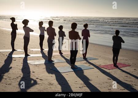 Rückansicht von Frauen, die am Strand auf Yogamatten stehen Stockfoto