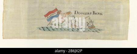 Doggersbanklint Allegorisch über den Sieg in der Schlacht bei der Dogger Bank am 5. August, zwischen der niederländischen und der englischen Flotte. Ein triton mit der niederländischen Flagge, Wo: Im Namen von Zoutman, der ein Horn bläst, auf dem Hintergrund der Schlacht. Präsentation auf einem Seidenband als Dekoration am Hut war gedragen. Hersteller : Druckhersteller: Anonymer Standort Herstellung: Niederlande Datum: In oder nach dem Jahr 1701 Physikalische Eigenschaften: Ätzung und Engra-Oberfläche, handfarbenes Material: Seidentechnik: Ätzung / Engra-Druck (Druckverfahren) / mit Farbmessungen von Hand: Band: H 62 mm × W 190 mm Betreff: B Stockfoto