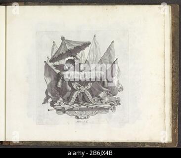 Eine Konsole mit Sofa, Wo: Auf einem Hundeplatz. Sie wird von einem Engel mit Sonnenschirm geschützt. Um Banner mit dem Markuslöwen, dem Symbol Venedigs. Einige Trompeten oder Trompeten nieder. Der Druck ist Teil eines Albums. Hersteller: Druckmaschine: Robert Audenaerd (denkmalgeschütztes Gebäude) Kunde: Giovanni Francesco Barbarigo (denkmalgeschütztes Eigentum) Ort Herstellung: Rom Datum: 1673 - 1743 Physische Merkmale: Fahrzeugmaterial: Papiertechnik: Engra (Druckverfahren) Abmessungen: Plattenkante: H 182 mm × W 180 mm Betreff: Anderer souverän: Dogelion (möglicherweise mit Buch)  Markuszeichen Stockfoto