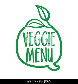 Veggie Menü - unterstützen Sie gesunde Lebensmittel, kaufen Sie frische Produkte. Flache Vektorgrafiken auf weißem Hintergrund. Element für Etiketten, Aufkleber oder Symbole, T-Shirts Stock Vektor
