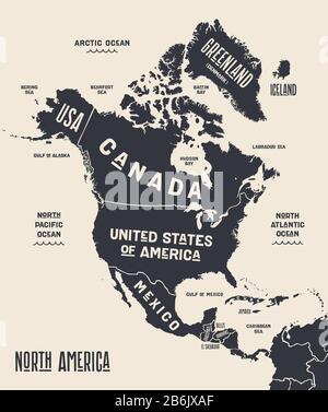 Karte Nordamerika. Poster-Karte von Nordamerika. Schwarz-weiß bedruckte Karte von Nordamerika für T-Shirts, Poster oder geografische Themen. Handgezeichnete Graphen Stock Vektor