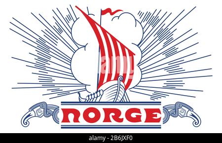 Viking, skandinavisches Design. Wikingerschiff Drakkar und norwegische Aufschrift Norge - Norwegen Stock Vektor