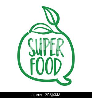 Super-Food-Logo - unterstützen Sie gesunde Lebensmittel, kaufen Sie frische Produkte. Flache Vektorgrafiken auf weißem Hintergrund. Element für Etiketten, Aufkleber oder Symbole, t-sh Stock Vektor