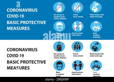 Coronavirus COVID-19-Präventionstipps, grundlegende Schutzmaßnahmen, wie man Coronavirus verhindert. Stock Vektor