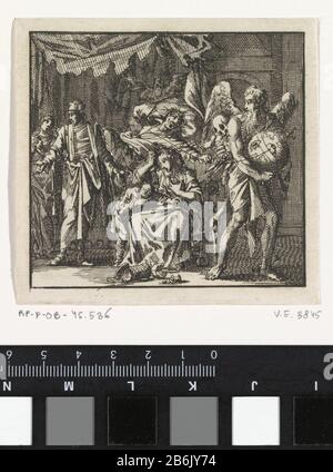 Der Tod steht kurz vor einem sterbenden Mann, um den Lebensfaden zu schneiden, der versucht, ihn, das Sterbebett, Vice RP-P-ob-45 536 Dood staat op het punt om de levensdraad van een stervende man door te knippen den Saum probeert tegen te houdenHet Sterf-bed, Van de Ondeugd Objekttyp: Prent boekillustriatie Objectnummer: RP-P-OB-45.536Catalogusreferentie: Van Eeghen 38451(2)Ommerking: Staat bepaald aan de Hand van aanwezige pränten in Rijksprenkabinet / Merkens: Cornelis Arendurt: Jan. 22zept Stockfoto