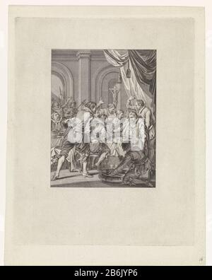 Tod von Requesens, 1576 Szenen aus dem Leben von Prinz William I., 1568-1584 (Serientitel) der spanische Armeekommandeur und Gouverneur der Niederlande Requesens stirbt unerwartet an einem Tisch während eines Banketts in Brüssel, 5. März 1576. Denn um ihn herum haben sich verängstigte Männer, die wilde Gesten machen. Dieser Druck ist Teil einer Serie von 24 Drucken, die Szenen aus dem Leben von Prinz William I. von 1568 bis 1584 darstellen und ist eine Illustration für den sechzehnten zang. Hersteller: Druckmaschine: König Theodore (börsennotiertes Objekt) entworfen von Jacobus Buys (börsennotiertes Objekt) Ort Herstellung: Amsterdam Datum: 1789898989898989898989898989 Stockfoto