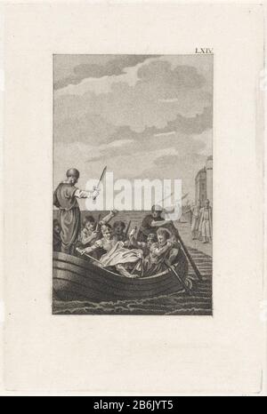 Der Tod Pompeius In dem Boot, das ihn an Land bringen würde, wird Pompeius von Septimius in den Rücken erstochen. Auch Salvius und Achilles ziehen ihren Dolch. Pompey ist machtlos und zieht sein Kleidungsstück über seinen Hoofd. Hersteller : Druckmaschine: Ludwig lieblich Portman Herstellung: Amsterdam Datum: 1800 Physikalische Eigenschaften: Stippelette und Ätzmaterial: Papiertechnik: Stippelette / Ätzmaße: Plattenkante: H 199 mm × W 133 mmToelichtingIllustratie von: Stuart, Martinus. Römische Historien, Abschnitt XVII, S. 454. Amsterdam: Johannes Allart, 1800. Betrifft: Tod oder Pompeius: Nach lea seine Galeere, Stockfoto