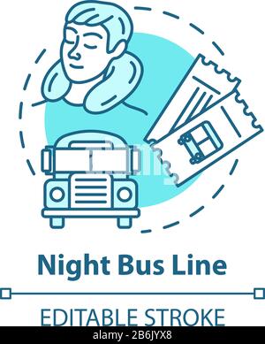 Symbol für das Konzept der Nachtbuslinie. Lassen Sie sich auf dem Weg von einer dünnen Linie abführen. Schlaftourist, internationaler Autobus und Reisetickets sind isoliert Stock Vektor