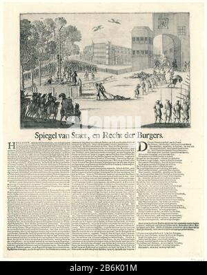 Tod der Brüder De Witt und Verstümmelung ihrer Körper, 1672 Spiegelstaet und Bürgerrecht (Titelobjekt) Leaf mit einer Darstellung der Ermordung der Brüder Johan und Cornelis de Witt und der Verstümmelung ihrer Körper, 20. August 1672. In der Luft zwei Störche. Unter den drei Spalten ist ein langer Text, der die Ereignisse beschreibt und ein neues, Wo: In den Tötungen gerechtfertigt sind. Nach frischer Episode der Störche wird kurz beschrieben. Darauf folgt eine zweite Vers von acht regeln. Hersteller: Druckmaschine: Anonymer Ort Herstellung: Nordholländer Datum: 1672 Physi Stockfoto