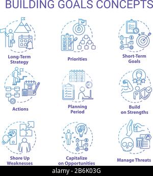 Symbole für das Konzept "Gebäudeziele" festgelegt. Zielerreichung festlegen. SWOT-Strategien. Selbstentwicklungs Idee dünne Linien RGB-Farbabbildungen. Vektor isoliert Stock Vektor