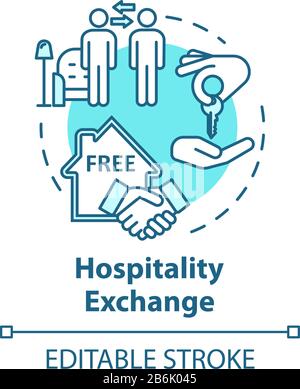 Symbol für das Konzept des Hospitality Exchange. Budget Tourismus, billige Unterkunft Idee dünne Linie Illustration. Kostenlose Übernachtung. Vektor isoliert Umriss RGB Stock Vektor