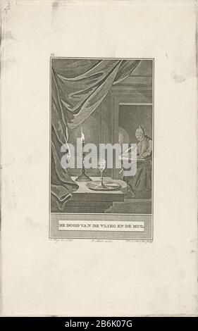 Tod der Fliege und der Mücke Der Tod der Fliege und der Mücke (Titelobjekt) eine Fliege, die in einem Glas Wein ertränkt wird. Die Mücke fliegt in die Flamme der Kerze. Im Hintergrund steht ein Mann am Tisch schrijven. Hersteller: Druckmaschine, Noah van der Meer (II) (denkmalgeschütztes Gebäude) in Zeichnung: Jacobus Kauft (denkmalgeschütztes Gebäude) Herausgeber: Johannes Allart (denkmalgeschütztes Eigentum) Ort Herstellung: Amsterdam Datum: 77Physikalische Merkmale: Ätzmaterial: Papiertechnik: Ätzmaße: Plattenkante: H 247 mm × W 155 mmToelichtPrent bei: Gellert, Christian Fürchtegott. Fabeln und Geschichten. 3 Teile. Stockfoto