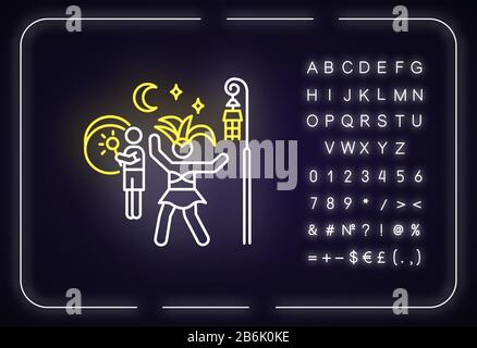 Symbol für Samba-Neonlicht. Brasilianische Karneval in der Nacht. Tanzende Dame in Nationaltracht. Äußere leuchtende Wirkung. Zeichen mit Alphabet, Zahlen und Symbolen Stock Vektor