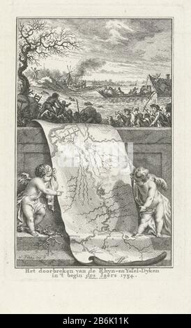 Durchbruch von Rhein und Ijssel Dijken, 1754 Breaking the Rhyn- und Yssel-Dyken in't Beginning of the Jaers 1754 (Titelobjekt) Hochwasser nach dem Bruch der Deiche entlang des Rheins und der IJssel Januar 1754. Zwei Putten mit einer Karte des Flussgebietes zwischen Kampen und Emmerich hoch der fliehenden Bewohner überschwemmten Land mit Möbeln und Vee. Hersteller : Druckerhersteller Simon Fokke (denkmalgeschütztes Gebäude) in seinem Entwurf: Simon Fokke (denkmalgeschütztes Gebäude) Herausgeber: French Houttuyn (denkmalgeschütztes Eigentum) Ort Herstellung: Northern Netherlands Datum: 1754 Physikalische Eigenschaften: Ätzung und Engra-Material: PA Stockfoto