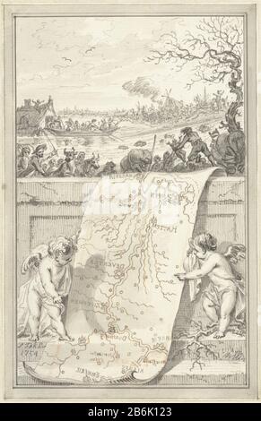 Durchbruch des Rheins und der Ijsseldeiche, 1754 Watersnood nach dem Durchbrechen der Flussböschungen entlang des Rheins und der IJssel, Januar 1754 . Zwei Putten mit einer Karte des Flussgebietes zwischen Kampen und Emmerich hinab, die Topbewohner fliehen mit Haushaltswaren und Viehbestand aus dem überschwemmten Land. Entwurf prent. Hersteller: Künstler: Simon Fokke Herstellung: Nordholland Datum: 1754 Physische Merkmale: Bleistift und rote Kreide, Stift und Pinsel in Grau, Doorgegriffeldmaterial: Papierabmessungen: H 163 mm × W 106 mm Betreff: Deichbruchflut, hohes TideWanneer: 1754-01 - 1754-01 Stockfoto