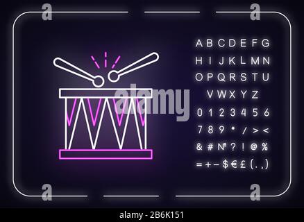 Symbol für Neon-Trommelbeleuchtung. Musikinstrument. Karneval in Brasilien. Samba. Festliche Trommelparade. Äußere leuchtende Wirkung. Zeichen mit Alphabet, Zahlen und Stock Vektor