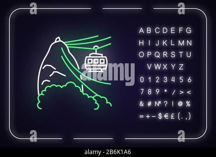 Symbol für die Neonbeleuchtung der Seilbahn. Complexo do Alemao. Brasilianisches Wahrzeichen. Südamerika. Favelas. Äußere leuchtende Wirkung. Zeichen mit Alphabet, Zahlen und Symbolen Stock Vektor