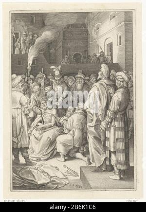 Krönend mit Dornen der Passion Christi (Serientitel) sitzt Christus zwischen Soldaten auf dem Platz des Gerichtsgebäudes Pilatus. Er trägt eine Robe und bekommt ein gefälschtes Zepter in der Hand, Soldaten drücken ihm die Dornenkrone auf den Kopf und Umstehende reagieren verspotternd von ihm auf Knielen. Hersteller: Druckmaschine: Nicolaes de Bruyn (denkmalgeschütztes Gebäude) in seinem Entwurf: Nicolaes de Bruyn Inspirator: Hendrick Goltzius Inspiratory: Lucas van Leyden Ort Herstellung: Niederlande Datum: 1618 Physikalische Merkmale: Engra-Material: Papiertechnik: Engra (Druckverfahren) Messungen: Plattenkante: H 203 mm × Stockfoto
