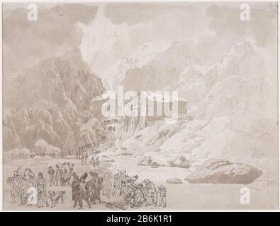 Durchfahrt von Soldaten des Teils St Bernard der französischen Armee, Armée de Réserve, am Grand Saint-Bernard das Hospiz hinunterziehen und den gefrorenen See am (14. Mai 1800) überqueren. Hersteller: Künstler: Johann Christian Ernst Müller Datum: 1800 - 188 Physikalische Merkmale: Bleistift, Stift und Bürste in braunem Material: Papiertinte Bleistifttechnik: Stift-/Bürstenabmessungen: H 418 mm × W 566 mm Stockfoto