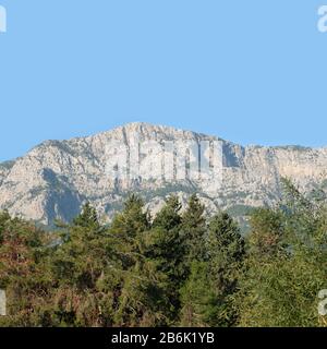 Landschaft mit hohen Bergen mit Felsspinsen an den hängen und Nadelwäldern am Vorberg unter blauem wolkenlosem Himmel am sonnigen Tag Vorderansicht Instag Stockfoto