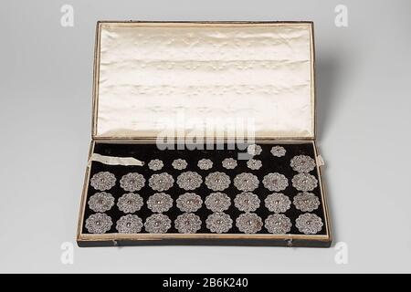Schachtel aus schwarzem Leder mit 25 großen und kleinen Knoten 16 aus poliertem Stahl Doos van zwart leer traf auf 25 Grote en 16 kleine Knauf van gesteinen staal. De knopen zijn gelobd en vertonen concentrische vullingen van blaadjes en blokjes. In het hart een knop. Hersteller : juwelier: AnoniemPlaats Herstellung: Engeland dating: Voor 1885 - Ca. 1900 Physische Kenmerken: Leer, staaler Materialverderb: Leer knopen: Staal Techniek: Slijpen Abmessungen: Doos: L 28,5 cm. × b 16 cm Knoop: D 3,2 cm. (Groot exemplar) × d 1,9 cm. (Klein Exemplar) Stockfoto