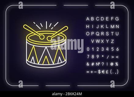 Symbol für Neon-Trommelbeleuchtung. Musikinstrument. Karneval in Brasilien. Festliche Trommelparade. Samba. Äußere leuchtende Wirkung. Zeichen mit Alphabet, Zahlen und Stock Vektor