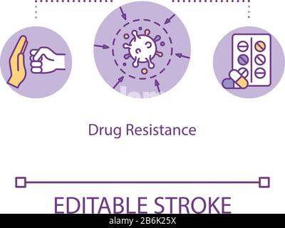 Symbol für das Konzept der Medikamentenresistenz. Mikroorganismus-Mutation. Autoimmunerkrankung. Apothekenbehandlung. Pathogen Idee dünne Linie Illustration. Vektor isoliert Stock Vektor