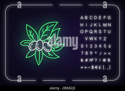 Symbol für Jojoba-Neonlicht. Wunderfrucht. Brasilianische Frucht mit Blättern. Botanik. Exotische Pflanze. Äußere leuchtende Wirkung. Zeichen mit Alphabet, Zahlen und Stock Vektor